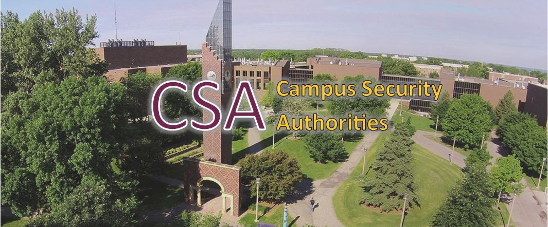 Title of "CSA Campus Security Authorities" with an aerial view of campus in the background