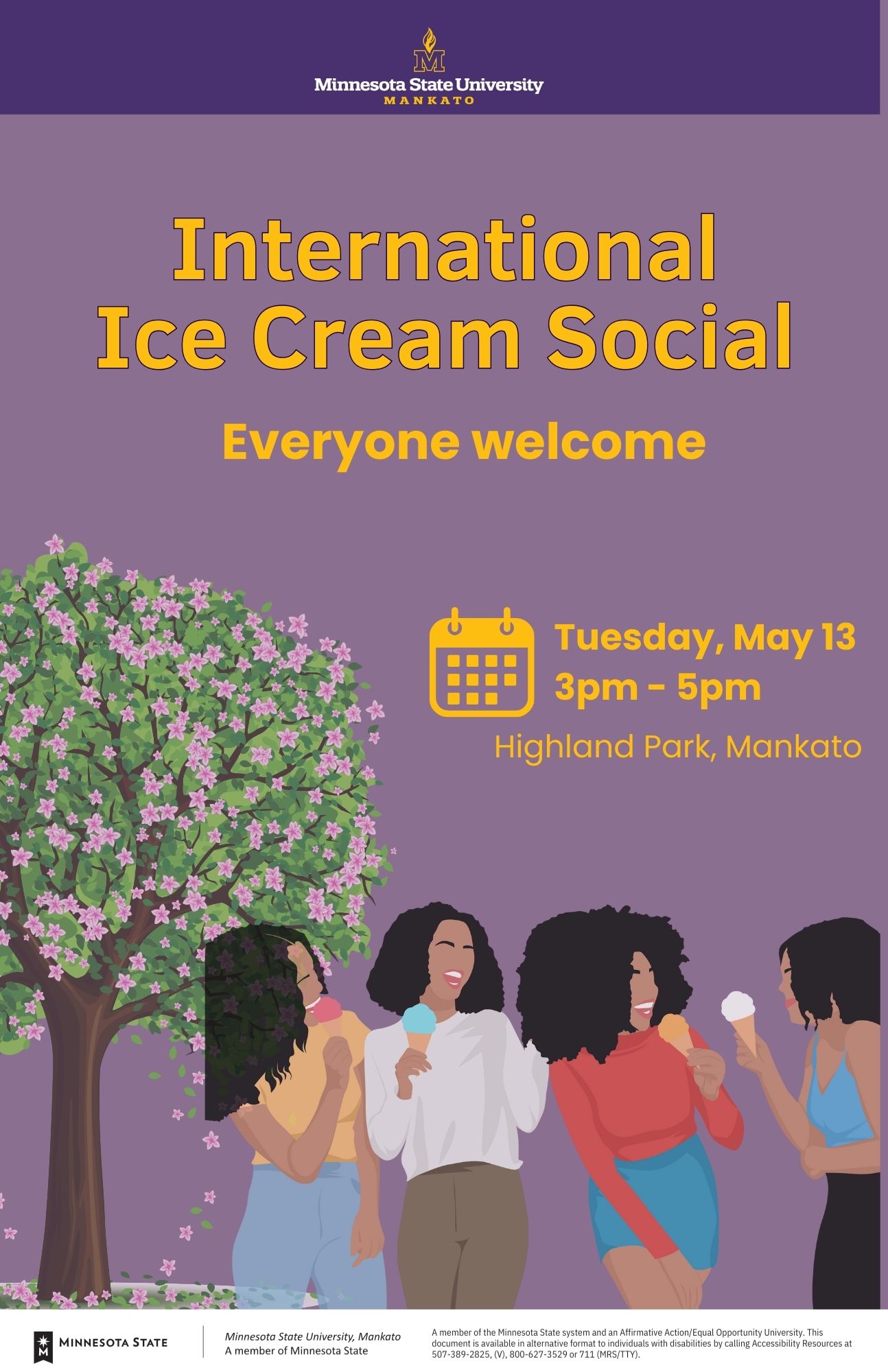 Poster for International Ice Cream Social - Tuesday, May 13th from 3-5pm at Highland Park, Mankato. Everyone Welcome