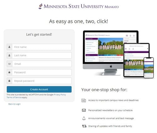Screenshot of the Maverick Family Connection webpage with photo of computer, tablet and smartphone that says "As easy as one, two, click. Your one-stop shop"