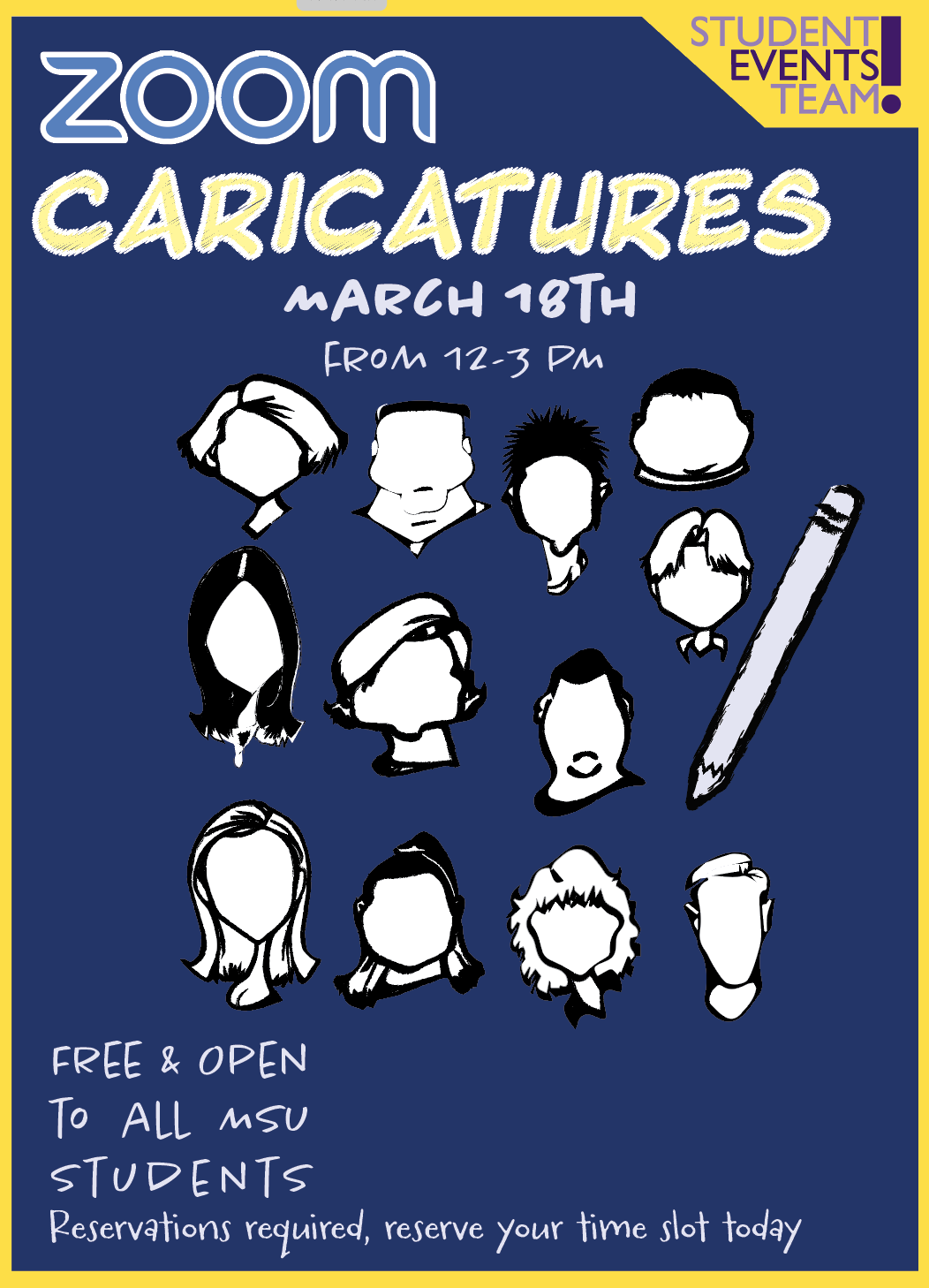 a poster with cartoon faces and a pencil