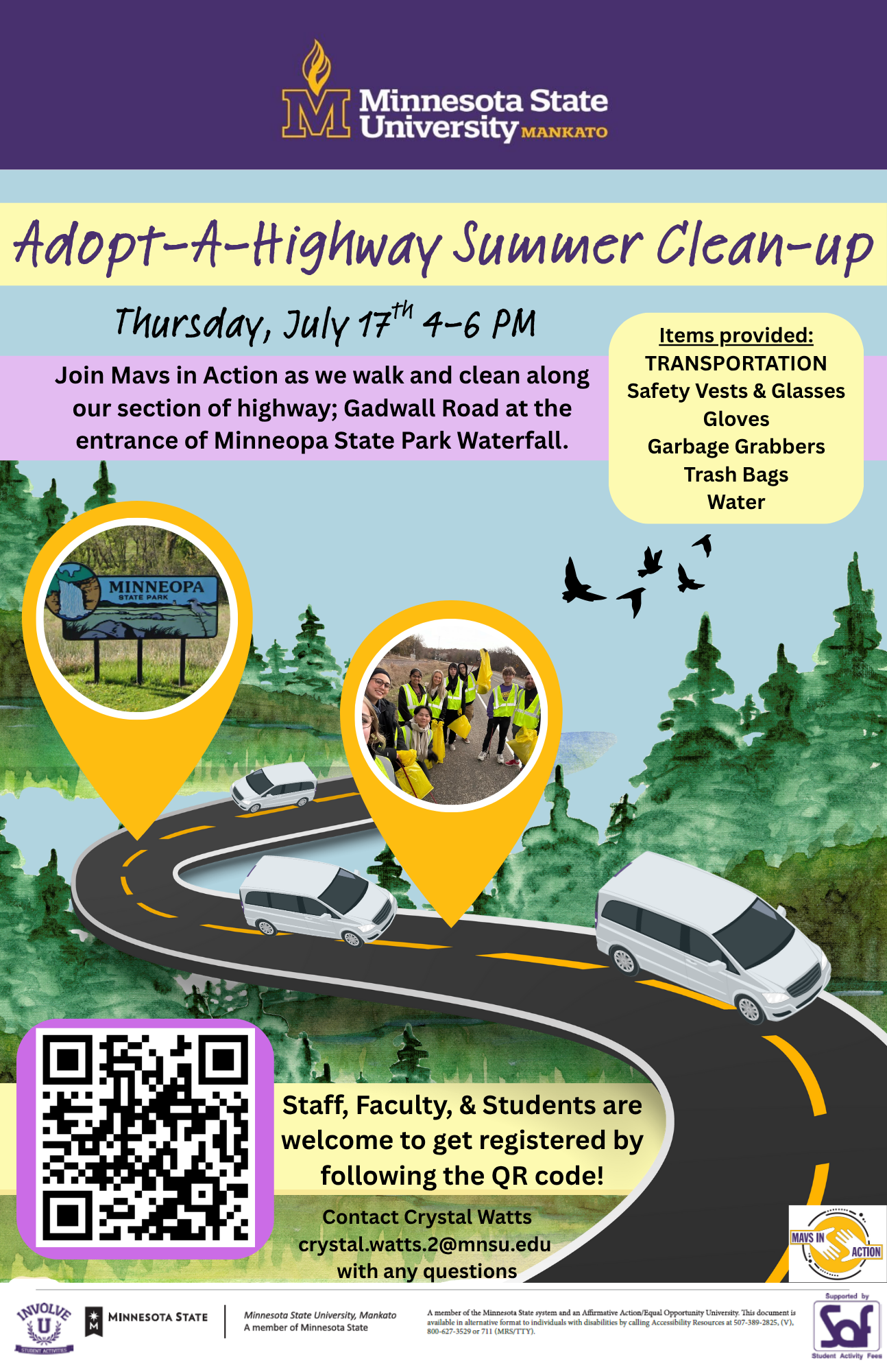 Adopt a Highway, Thursday July 17, 4-6 PM, follow the QR code to get signed up on Mav Central