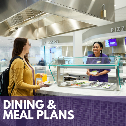 Dining and meal plans photo with a student ordering food at the dinning hall as the food service worker serves the food with a smile