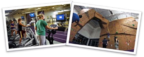 Two photos of students doing recreational activity, some people running on a treadmill in Otto Rec and some people are climbing the wall in Myer's Field House