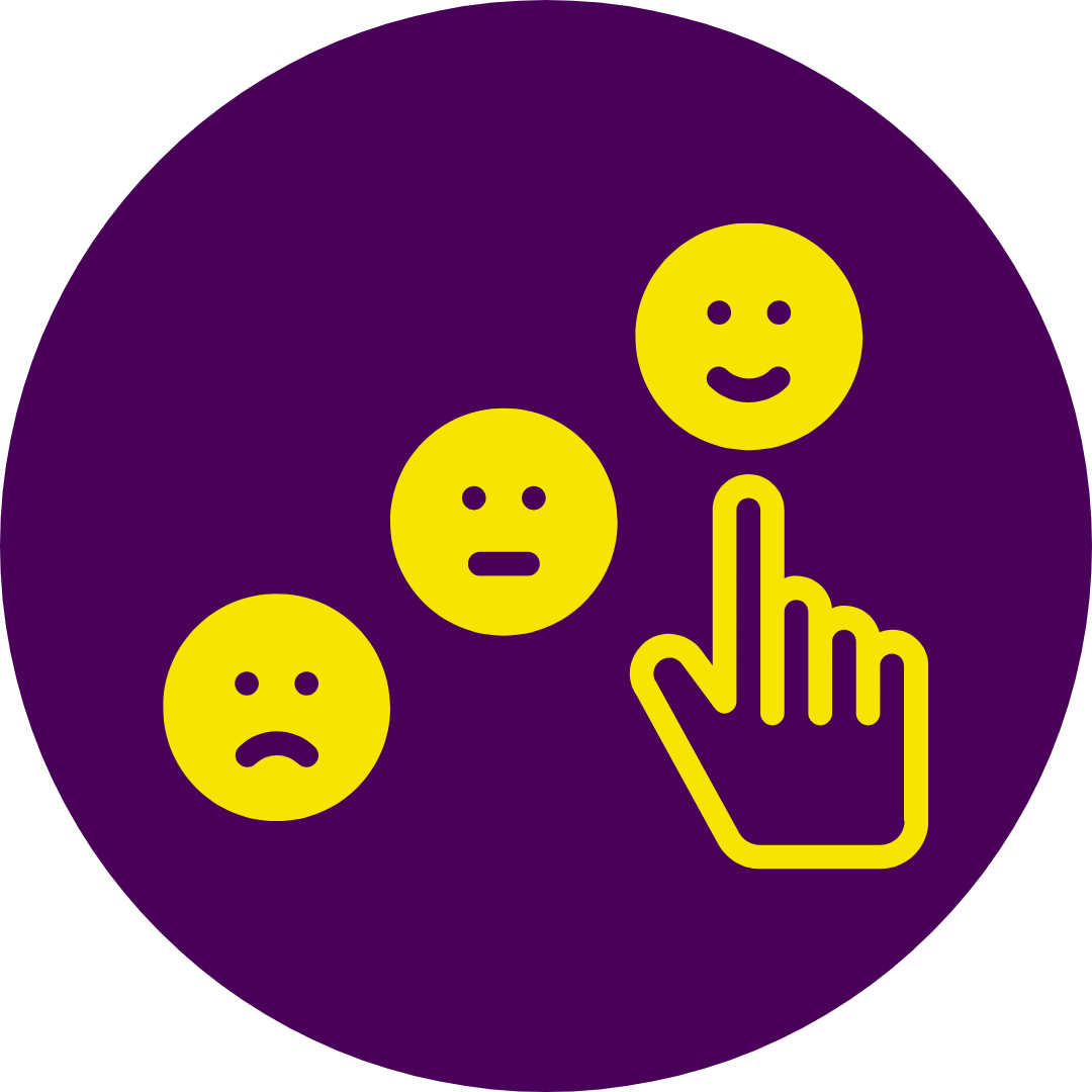 a purple circle with yellow hand pointing at smiley faces