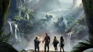 image of jumanji charicters infront of a large mountaint