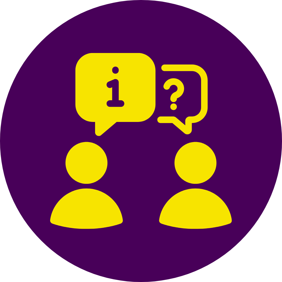 a yellow and purple circle with people and a question mark