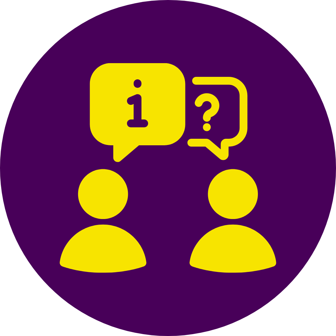 Purple and yellow logo of two people talking