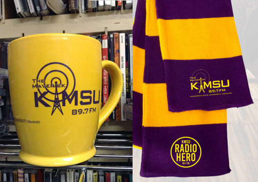 Gold KMSU Mug and the purple and gold KMSU scarf