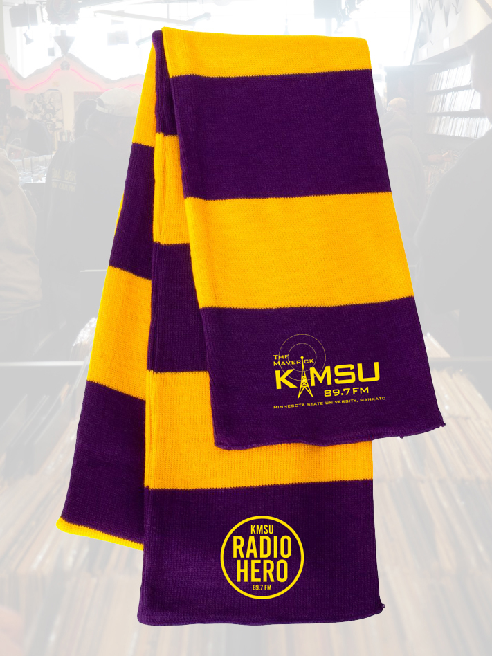Purple and gold KMSU Radio Hero scarf