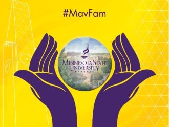 Giving to the student scholarship support fund graphic with #MavFam and the Minnesota State University, Mankato logos
