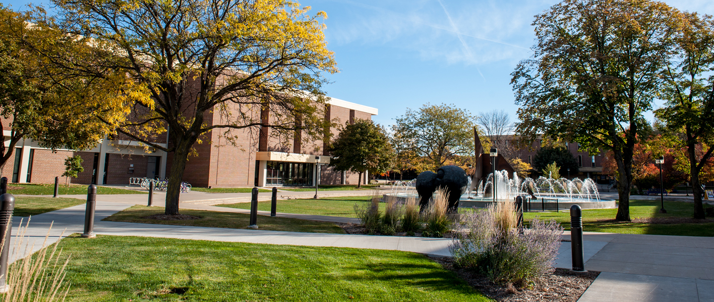 view of fountain and library in the fall