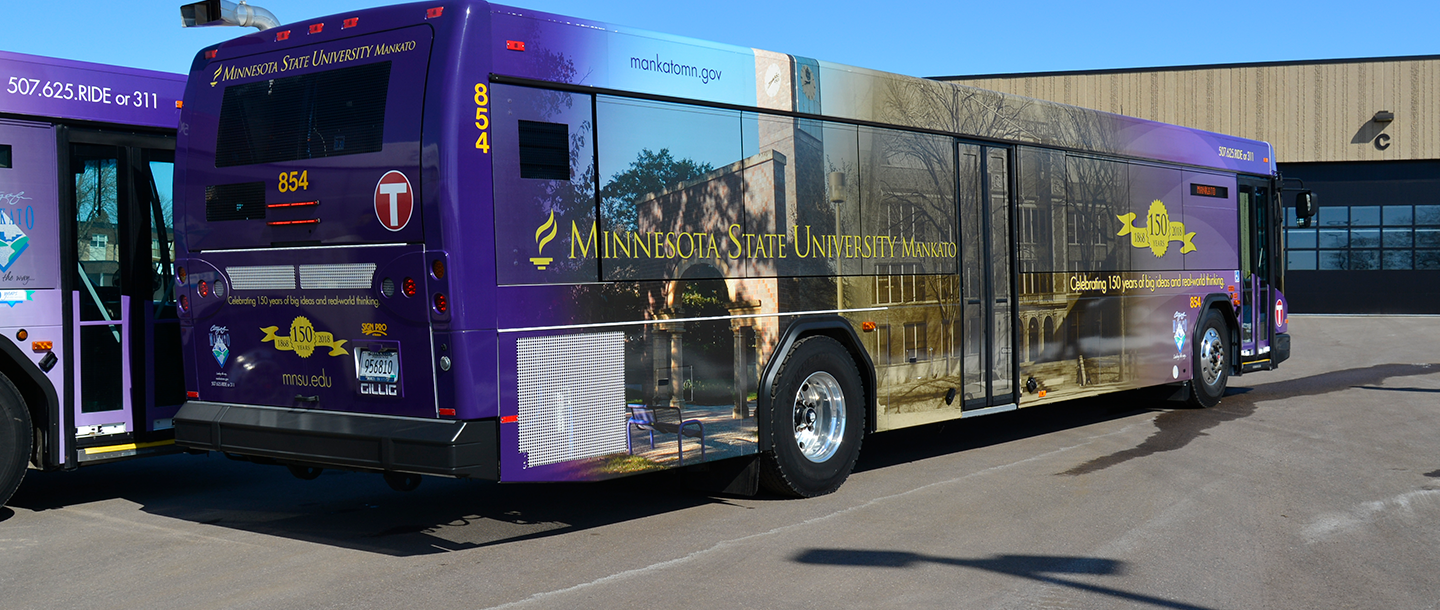 City bus with the Minnesota State Mankato 150th anniversary wrap