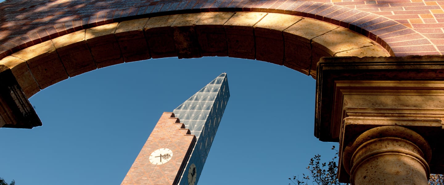 Minnesota State University, Mankato Alumni Arch with the Bell Tower in the background