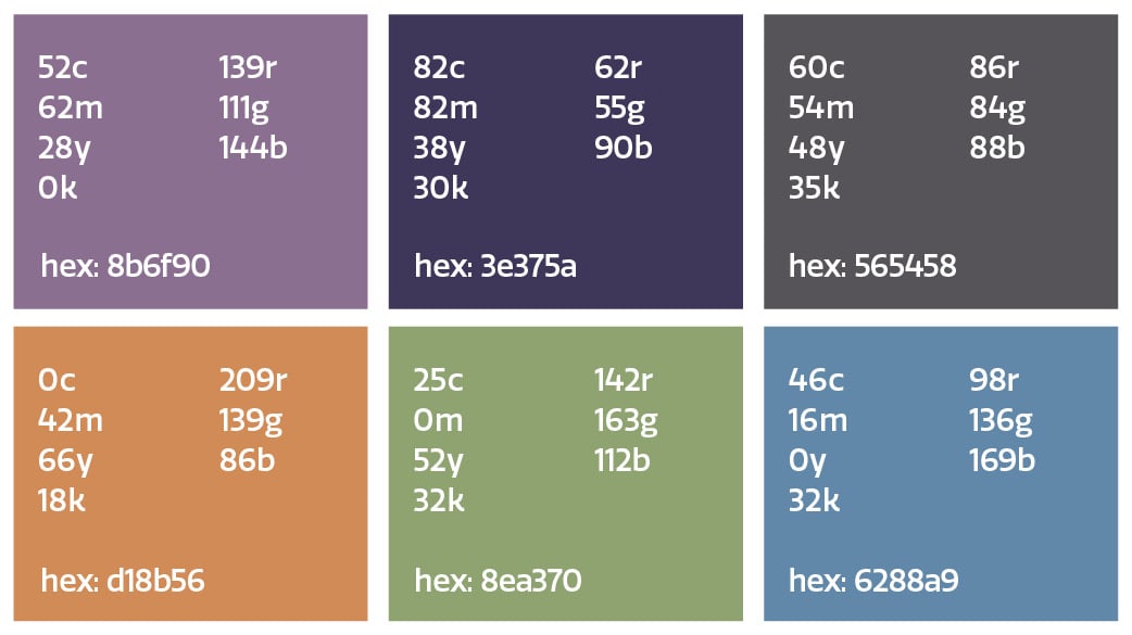 secondary colors hex 8b6f90, 3e375a, 565458, d18b56, 8ea370, 6288a9, a1634e, 4c6b65, 3a5870, 908e92, bbb7b9, dcd8d9