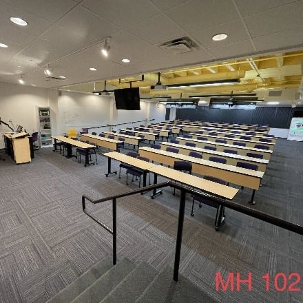 Small Auditorium with chairs and tables rising to the back.