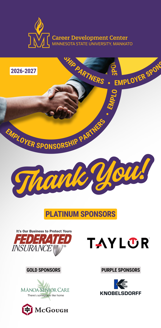 The 2025-2026 employer sponsorship partners flyer that reads "Thank you to our 2025-2026 Career Development Center Employer Sponsorship Partners"