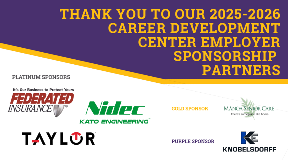 The 2025-2026 employer sponsorship partners flyer that reads "Thank you to our 2025-2026 Career Development Center Employer Sponsorship Partners" with logos of the platinum, gold and purple sponsors