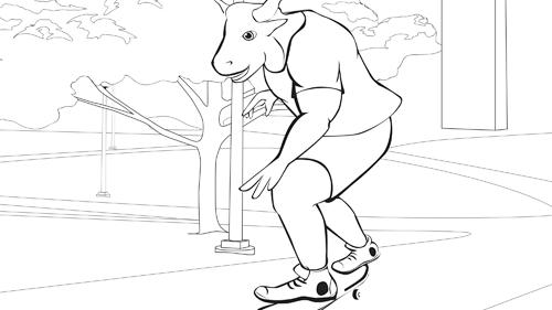 Coloring book page of Stomper skateboarding