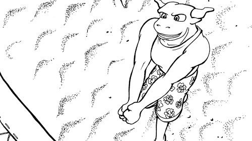 Coloring book page of Stomper playing sand volleyball