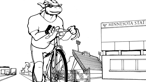 Coloring book page of Stomper riding a bike