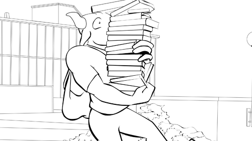 Coloring book page of Stomper balancing a stack of library books