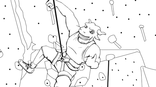 Coloring book page of Stomper rock climbing
