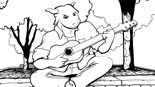 Coloring book page of Stomper playing the guitar outside