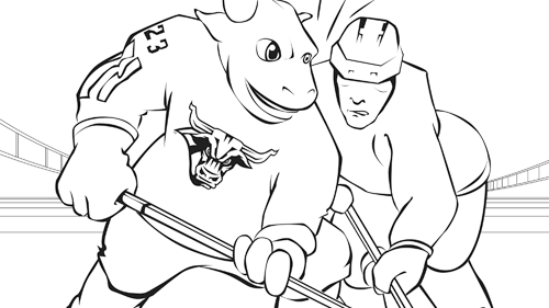 Coloring book page of Stomper playing hockey