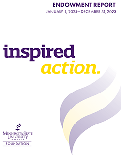 Cover of the Minnesota State University Mankato Foundation Endowment Report for January 1, 2023-December 31, 2023 titled "inspired action"