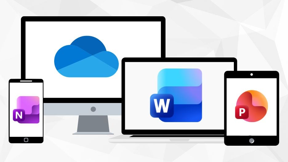 A phone, ipad, laptop, and desktop computer with logos for different Microsoft 365 apps, including OneNote, OneDrive, Word, and PowerPoint on the screens.