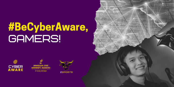 ripped greyscale photo of a gamer, cybersecurity graphic, text "#BeCyberAware, Gamers!", Cyberaware logo, IT Solutions logo, Esports logo