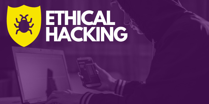 Person with a jacket on and their hood up looking at a laptop and holding a cellphone. Bug icon and text that says: "Ethical hacking"