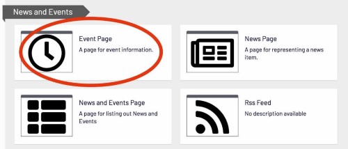 Screenshot of page categories in Episerver with Event Page block option circled in red