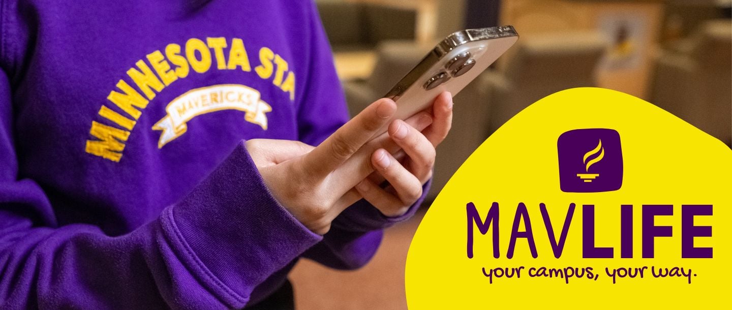 Person holding a phone. Mav Life app icon and text that says: "Mav Life: Your Campus, Your Way"
