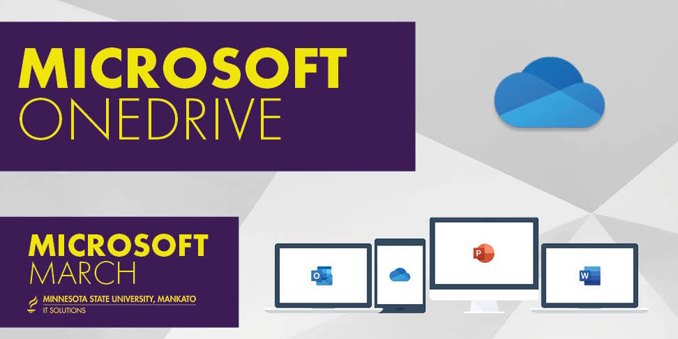 Gray geometric background with IT Solutions logo, Microsoft Outlook logo, OneDrive logo, PowerPoint logo, and Word logo. Icons of various computers, tablets, and laptops. Text that says: "Microsoft OneDrive, Microsoft March"
