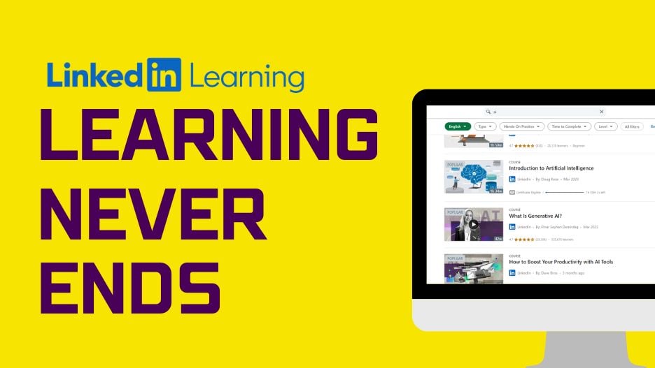 The LinkedIn Learning logo with "Learning never ends" alongside a screenshot of the LinkedIn Learning page.