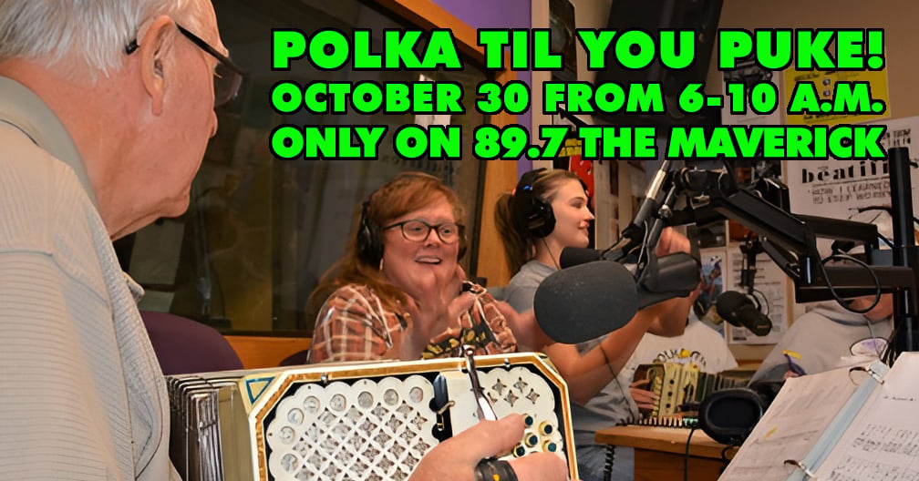 Photo showing a man playing concertina in a radio studio with others. Polka Til You Puke October 30 from 6-10 a.m. only on 89.7 the maverick