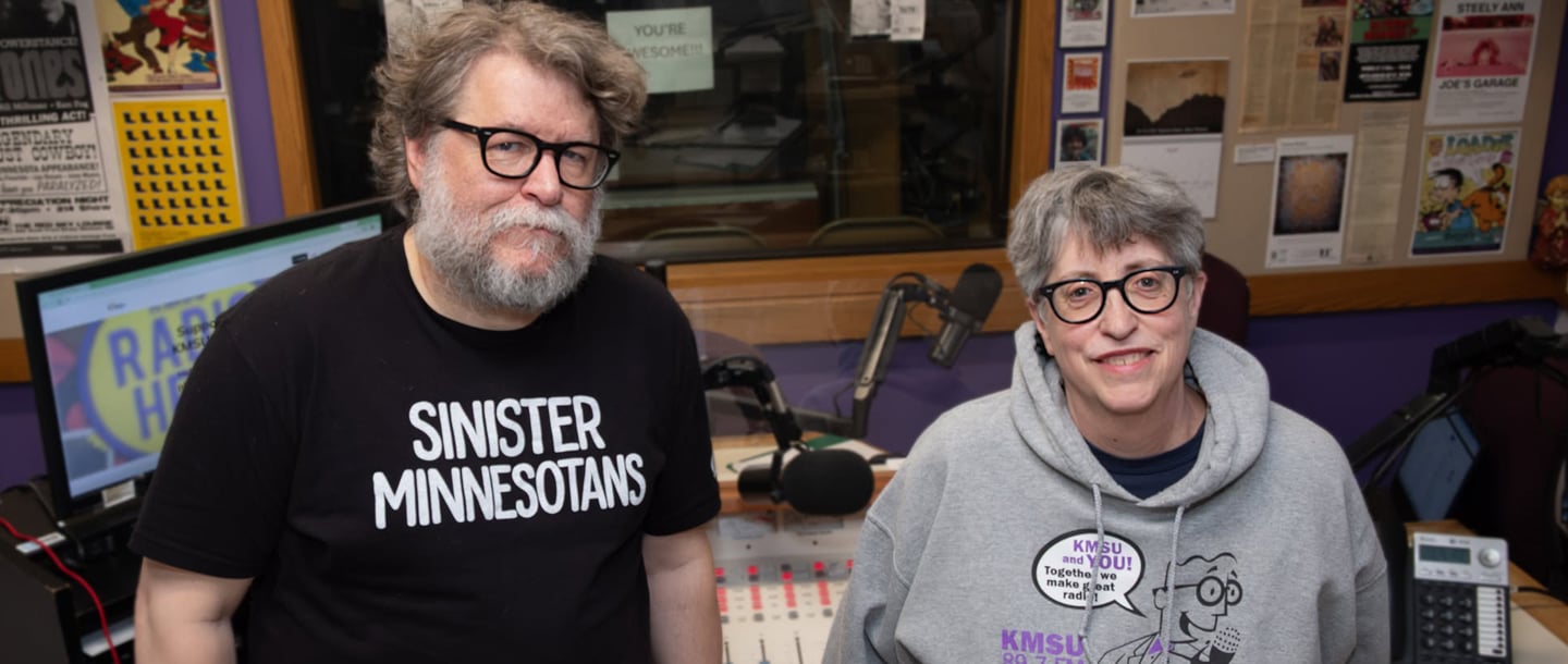 Shyboy Tim and Shelley in the KMSU broadcast booth