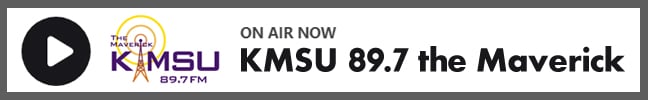 Black button with play icon, the purple and gold KMSU logo, and the text Now Playing KMSU 89.7 the Maverick