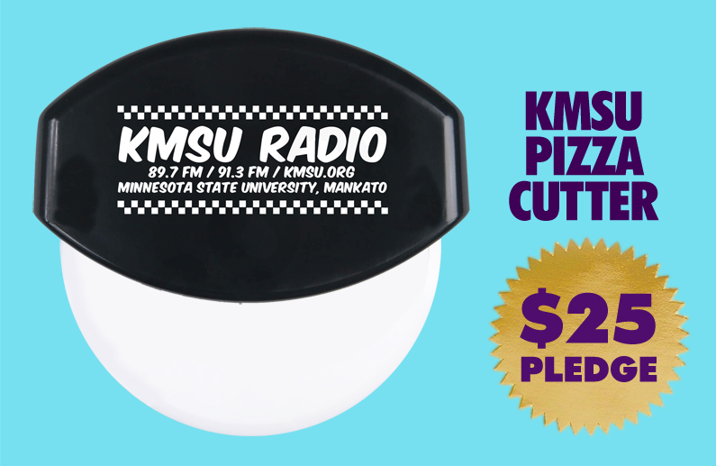 Pizza cutter with a black handle and a white blade featuring the words KMSU Radio 89.7fm/91.3fm/kmsu.org Minnesota State University Mankato. The KMSU Pizza Cutter is yours for a $25 pledge.