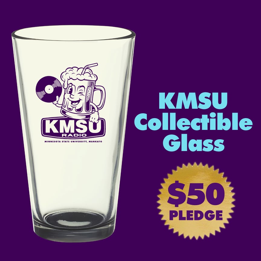 KMSU Collectible Glass for $50 pledge. Depicts an anthropomorphic root beer float mug holding a record in the air
