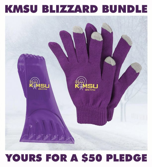 Purple KMSU gloves and ice scraper. The KMSU Blizzard Bundle. Yours for a $50 pledge