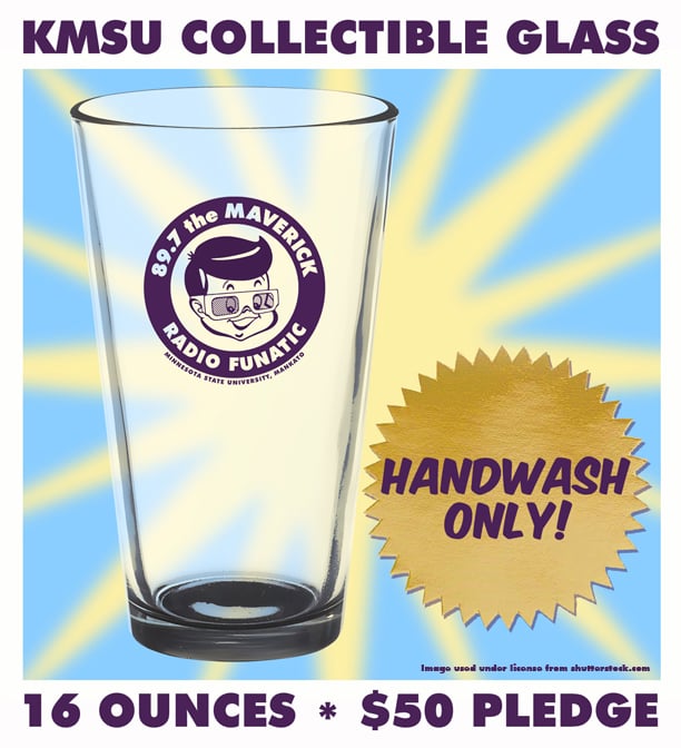 KMSU Collectible Glass for $50 pledge. Depicts an young boy wearing 3D glasses and the phrase 89.7 the Maverick Radio Fanatic