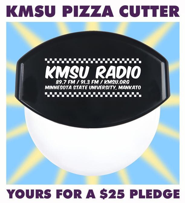 A black pizza cutter with the words KMSU Radio 89.7fm/91.3fm/kmsu.org, Minnesota State University Mankato. KMSU Pizza Cutter $25.