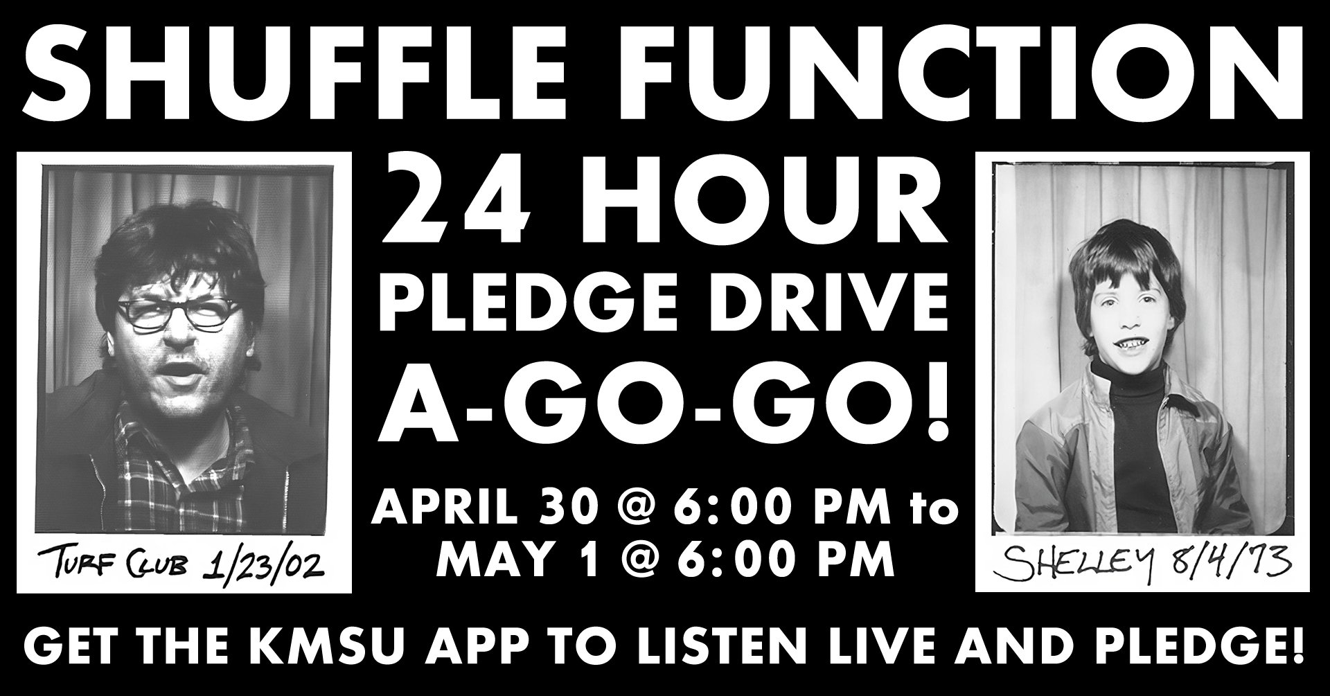 Black and white photo of seven people with the head of Wolfman Jack superimposed over their heads. DJ Supergroup, May 1 at 3:00 p.m.