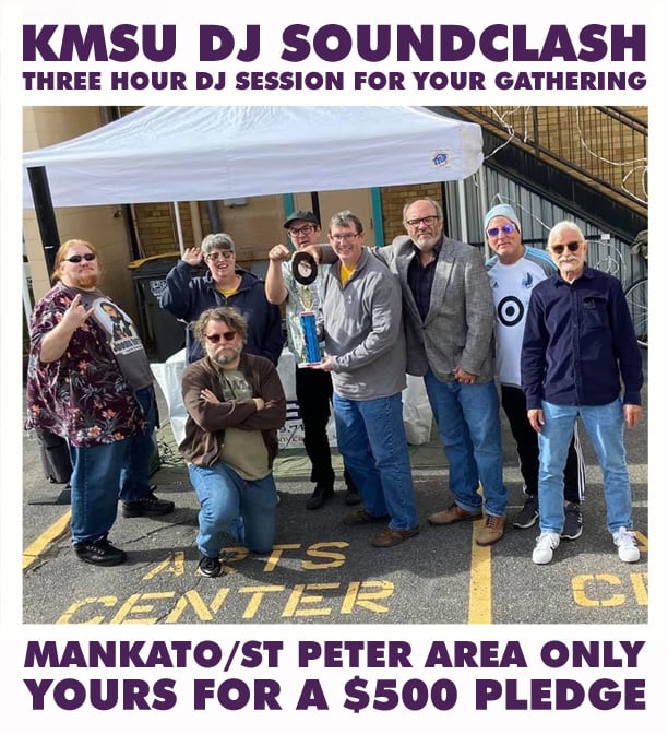 Photo of KMSU DJs in the back parking lot of the Arts Center of Saint Peter. KMSU DJ Session for your gathering. Mankato/St Peter only. Yours for a $500 pledge