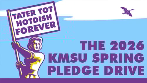 A woman waving a flag that says Tater Tot Hot Dish Forever backed by a blue sky announcing that the KMSU Spring Pledge Drive runs from April 22 to May 1