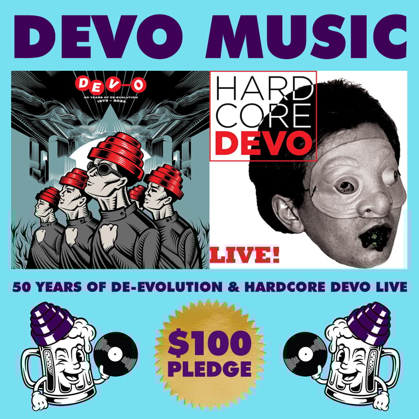 DEVO MUSIC featuring the covers for 50 years of de-evolution and Hardcore Devo Live. $100 pledge. 3 cds of hits, deep cuts and live tracks through their entire history. Also depicts two anthropomorphic root beer float mugs holding records and wearing Devo Energy Domes