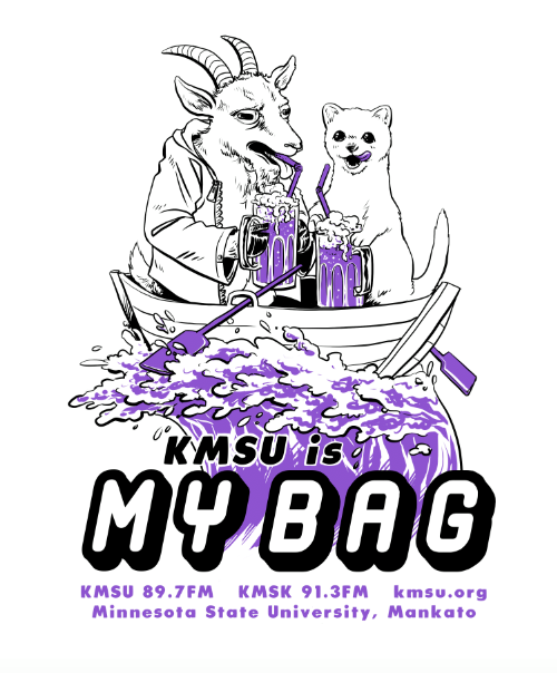 a goat and cat on a boat with purple text