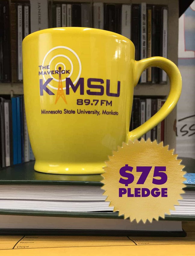 A gold mug with the KMSU radio logo. Yours for a $75 pledge.